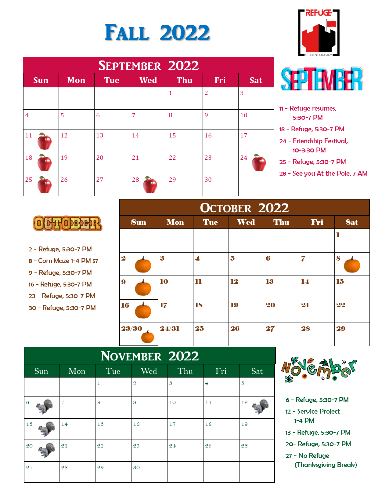 Refuge Fall 2022 calendar